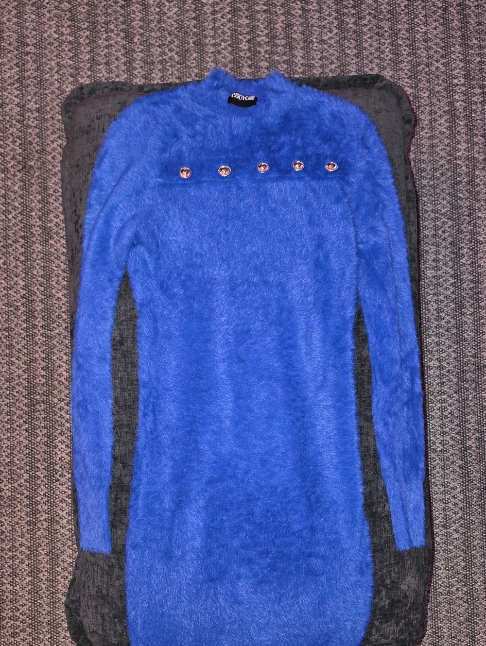 Versace Jeans Collection Electric Blue Fuzzy Long-Sleeve Dress with Gold Buttons